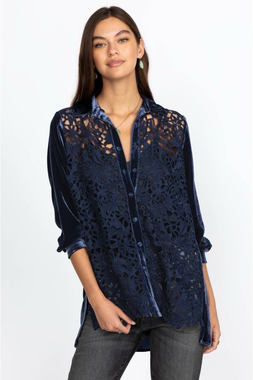 Johnny Was Flicka Button Down Shirt In Navy Velvet Size XL